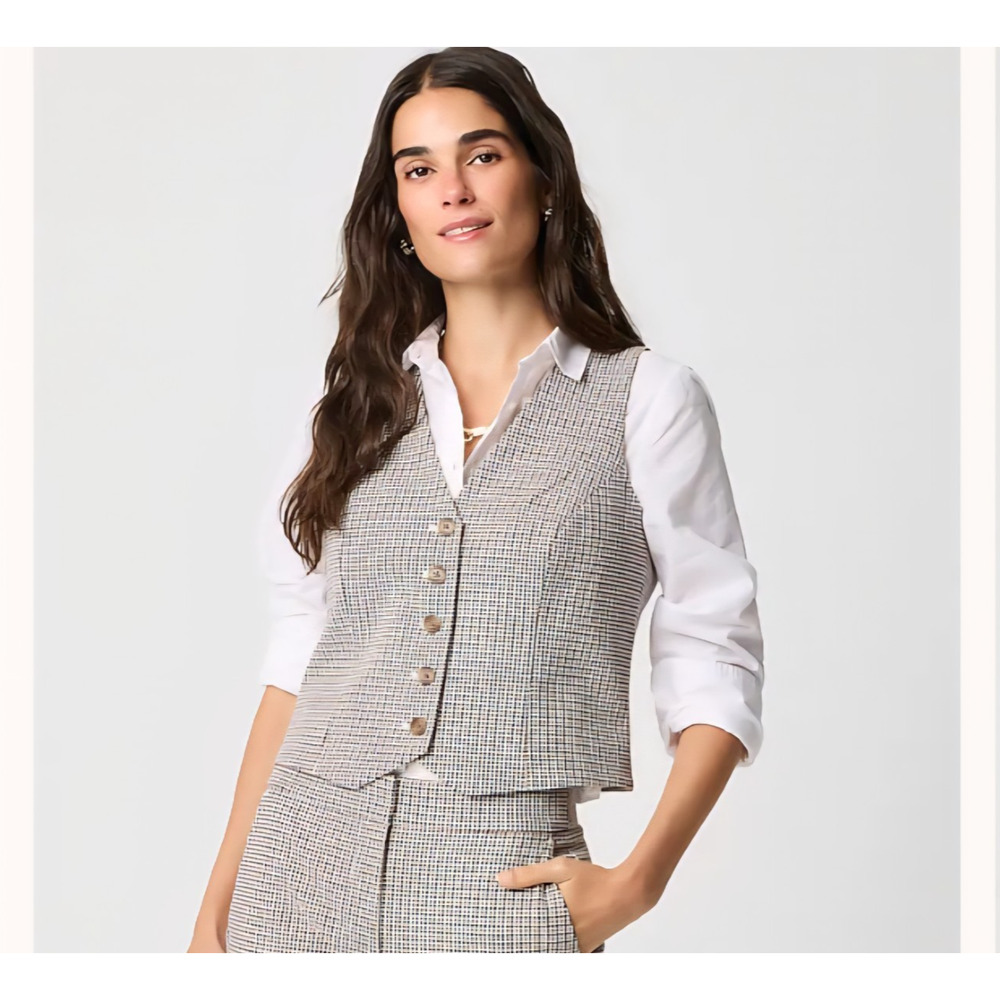 J Crew Vest Womens 6 Tan Blue Plaid Button Up Preppy Academia Career Casual NEW - Picture 2 of 13